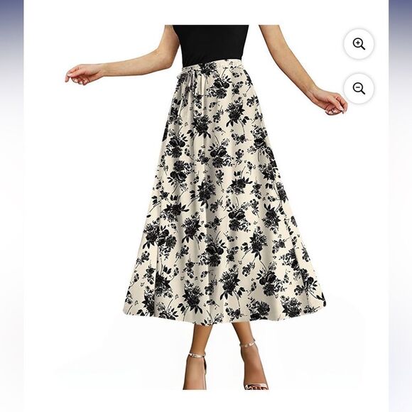 Black & Cream Floral Pattern Midi Skirt M - Picture 2 of 9